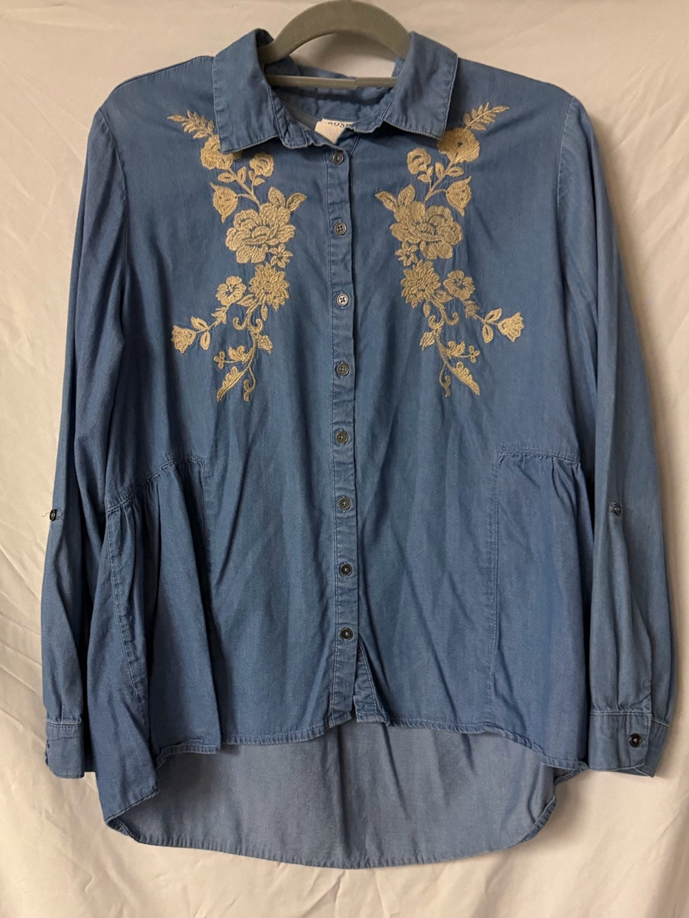 Knox Rose Blue Button-Up Shirt with Cream Floral Embroidery